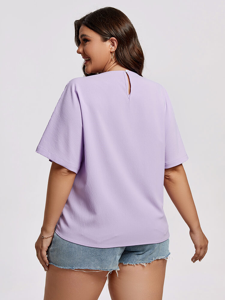 Plus Purple Round Neck Batwing Sleeve Knot Hem Blouse