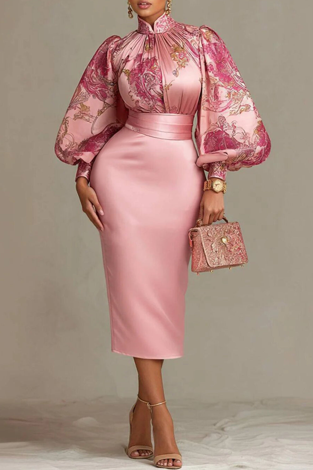 Xpluswear Design Plus Size Wedding Guest Pink Floral Stand-Up Collar Lantern Sleeve Long Sleeve Bodycon Satin Midi Dresses
