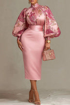 Xpluswear Design Plus Size Wedding Guest Pink Floral Stand-Up Collar Lantern Sleeve Long Sleeve Bodycon Satin Midi Dresses