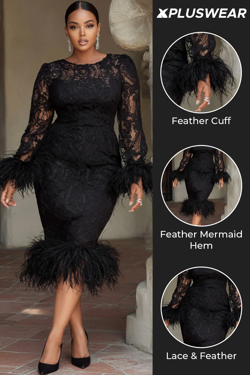 Xpluswear Design Plus Size Cocktail Party Black Round Neck Long Sleeve Feather Elegant Bodycon Lace Midi Dresses