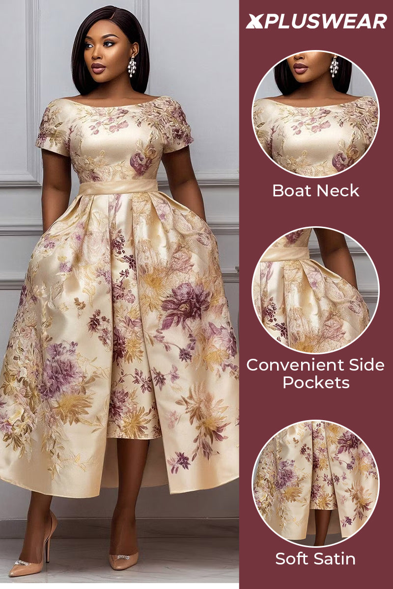Xpluswear Design Plus Size Wedding Guest Elegant Champagne Floral Short Sleeve Pocket Satin Midi Dresses