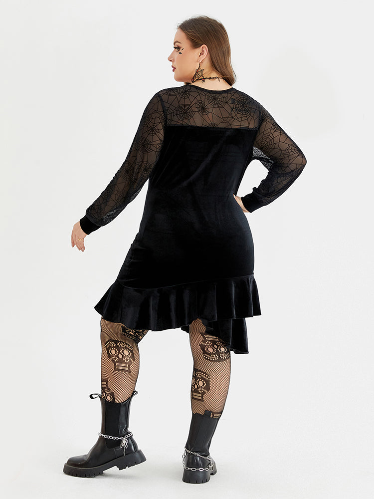 VIP Halloween Spider Web Mesh Velvet Ruffle Hem Dress