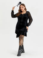 VIP Halloween Spider Web Mesh Velvet Ruffle Hem Dress