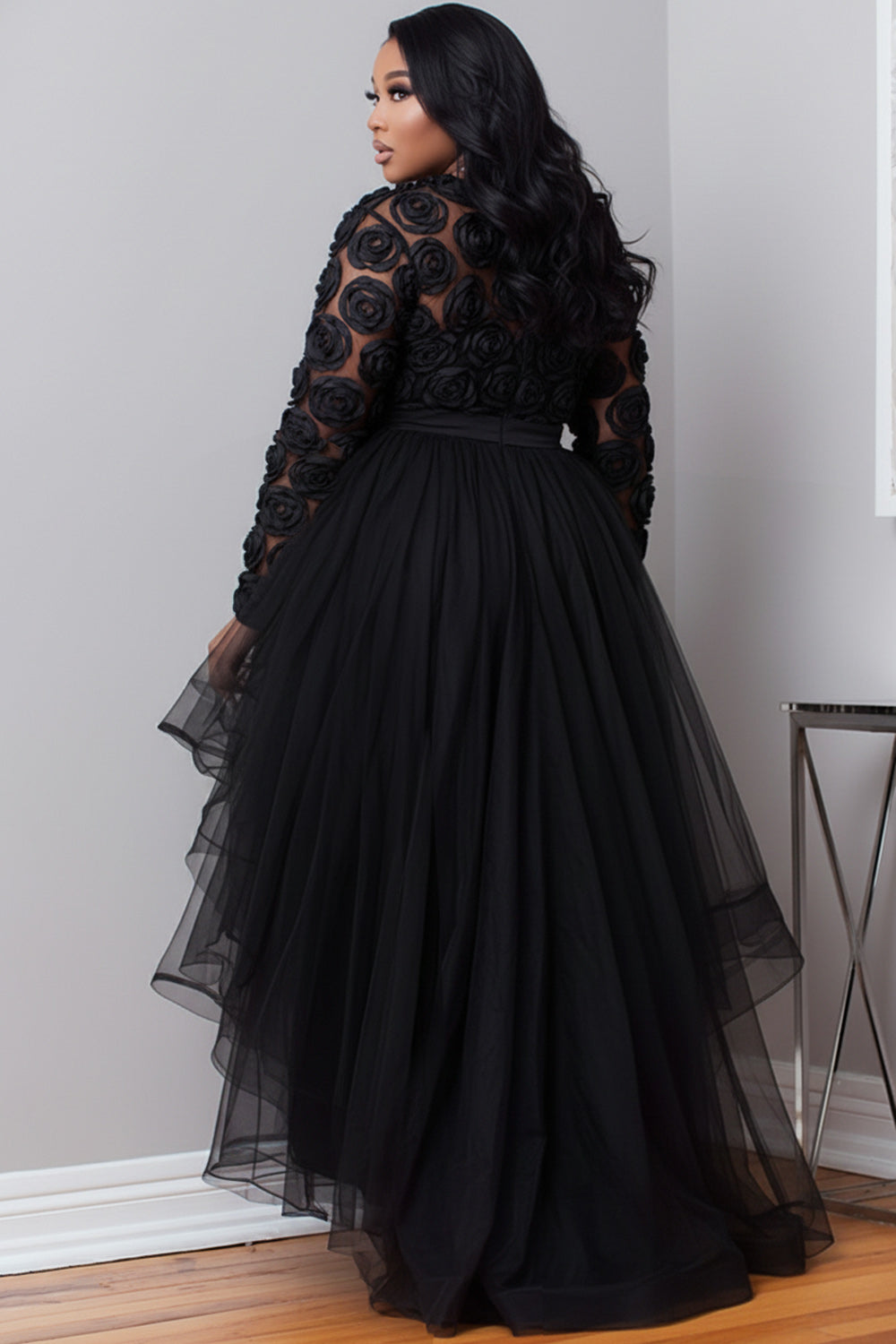 Xpluswear Design Plus Size Party Gold Round Neck Long Sleeve 3D Elegant High Low Hem Tulle Mini Dresses