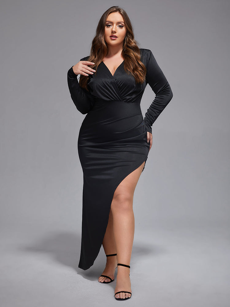 VIP Plus Ruched Crisscross Asymmetrical Hem Maxi Dress