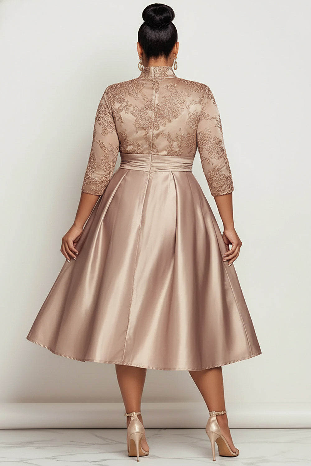 Xpluswear Design Plus Size Churchs Champagne Stand-Up Collar 3/4 Sleeve Pocket Elegant Contrast Satin Midi Dresses