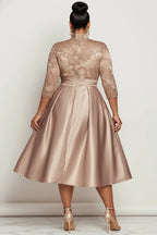 Xpluswear Design Plus Size Churchs Champagne Stand-Up Collar 3/4 Sleeve Pocket Elegant Contrast Satin Midi Dresses