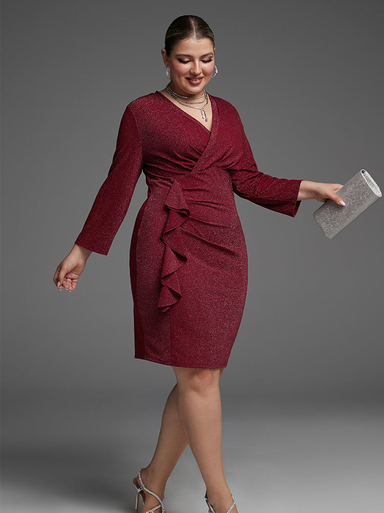 Ruched Front Ruffle Trim Glitter Dress