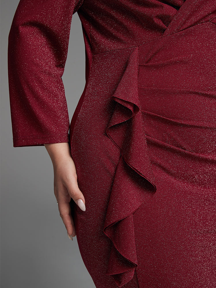 Ruched Front Ruffle Trim Glitter Dress