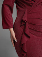Ruched Front Ruffle Trim Glitter Dress