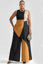Xpluswear Design Plus Size Business Casual Multicolor Colorblock Round Neck Asymmetric Hem Pocket Two Piece Pant Sets