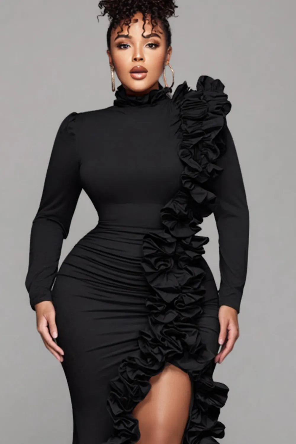 Xpluswear Design Plus Size Formal Black Round Neck Long Sleeve Split Elegant Ruffle 3D Satin Maxi Dresses