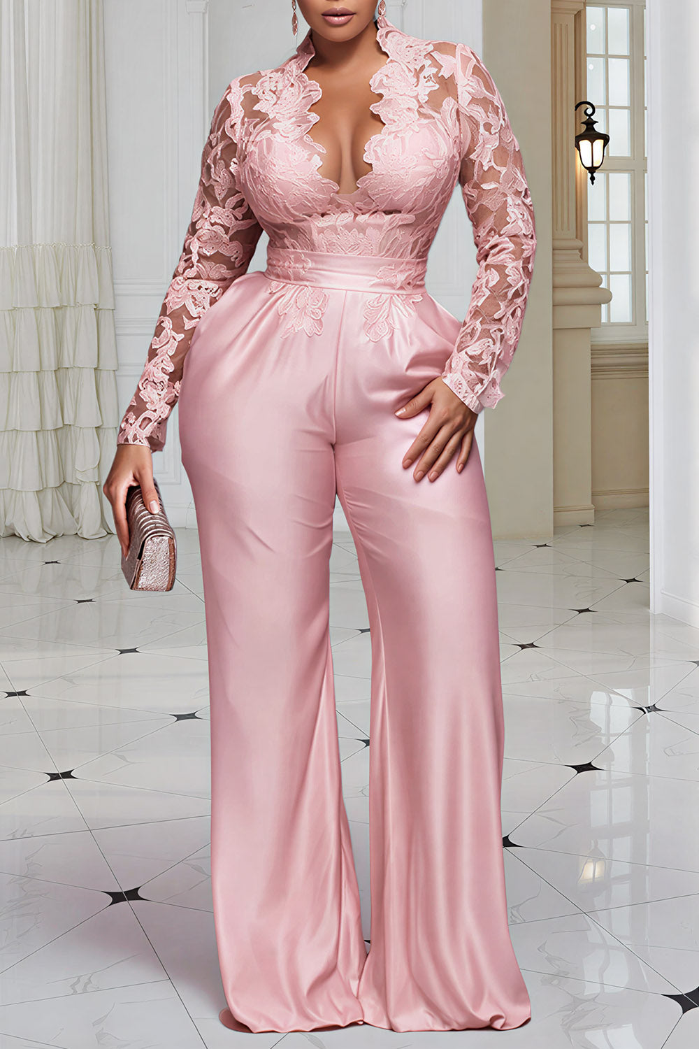 Xpluswear Design Plus Size Cocktail Party Pink V Neck Long Sleeve Pocket See Through Satin Jumpsuits
