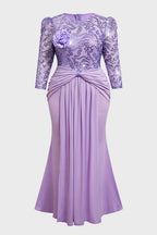 Curveins Plus Size Long Sleeve Lace Patchwork Sequin Maxi Dress with Round Neck