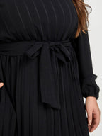 Plus Black Pleated Pocket Solid Tie Midi Dress