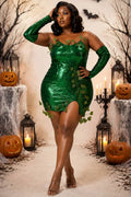 Xpluswear Design Plus Size Halloween Costumes Green Cosplay Sequin Strapless Mini Dress(Ships 24h)