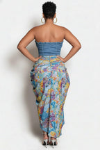 Xpluswear Design Plus Size Party Light Blue Graphic Split Fold Denim Two Piece Skirt Sets