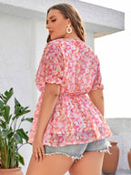 Plus Pink Floral Ruffle Trim Puff Sleeve Blouse