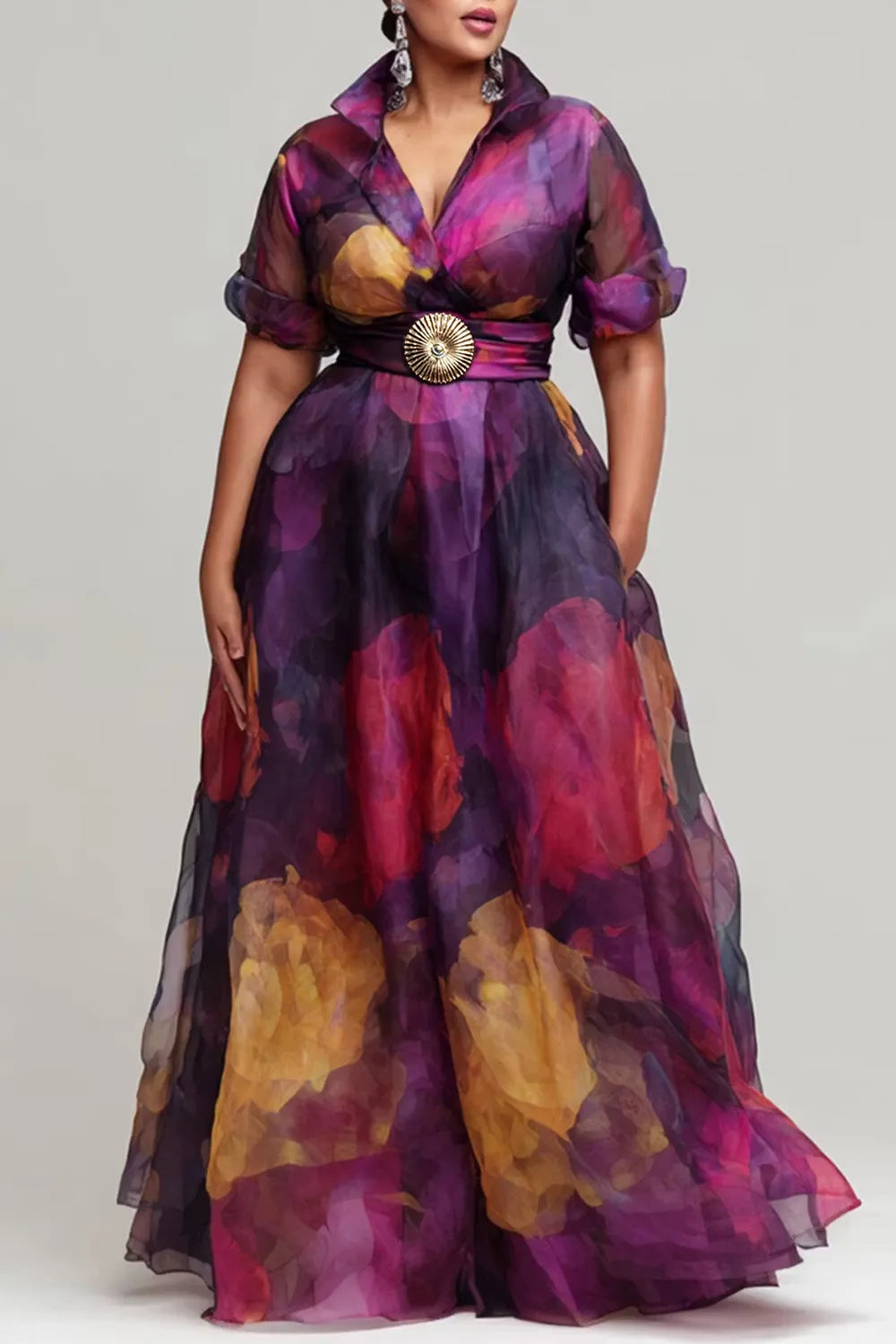 Xpluswear Design Plus Size Formal Purple Floral Short Sleeve Pocket Organza Maxi Dresses