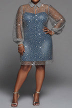 Xpluswear Design Plus Size Party Blue Shirt Collar Long Sleeve See Through Sequin Mini Dresses