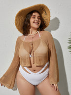 Plus Beige Tie Front Crochet Cover Up