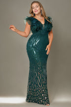 Curveins Elegant Curve Hugging V Neck Sleeveless Sequin Evening Gown