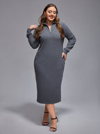 Plus Grey Band Collar Zipper Split Midi Knit Dress