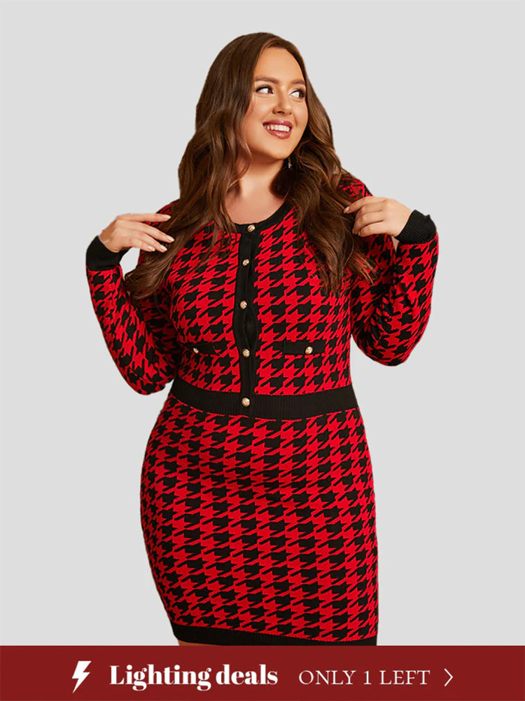 Plus Houndstooth Button Front Bodycon Knit Dress
