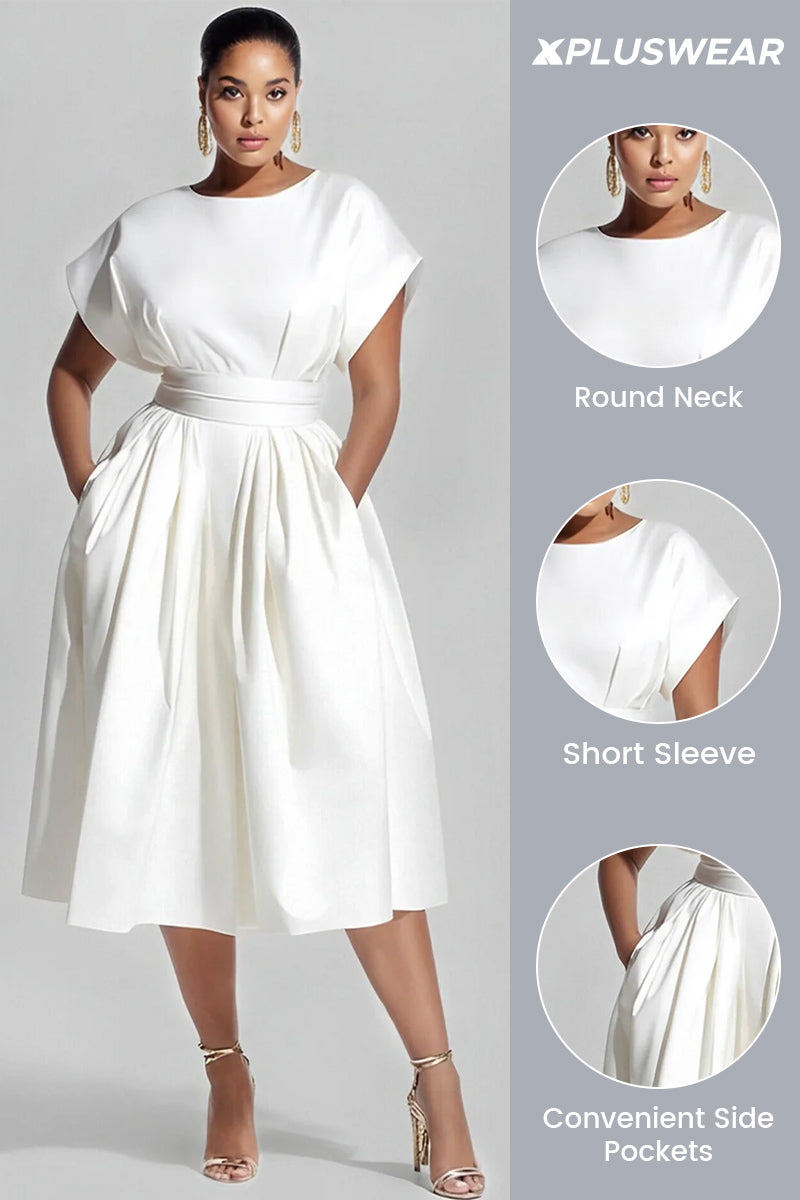 Xpluswear Design Plus Size Daily White Round Neck Short Sleeve Pocket Midi Dresses