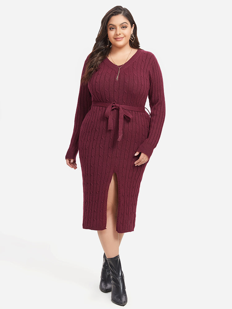 VIP Cable Knit Belted Split  Midi Sweater Dress