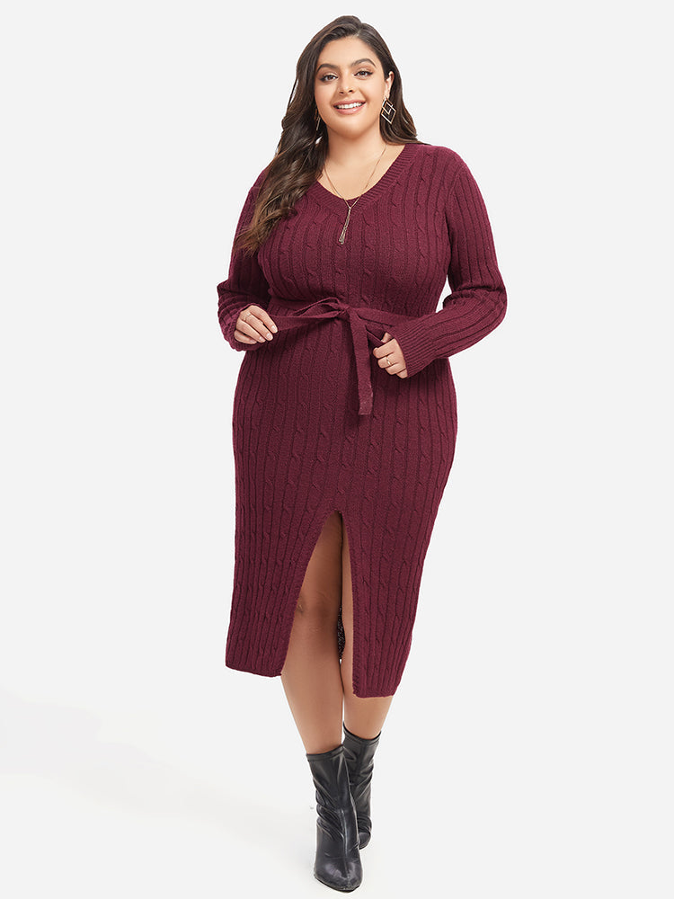 VIP Cable Knit Belted Split  Midi Sweater Dress