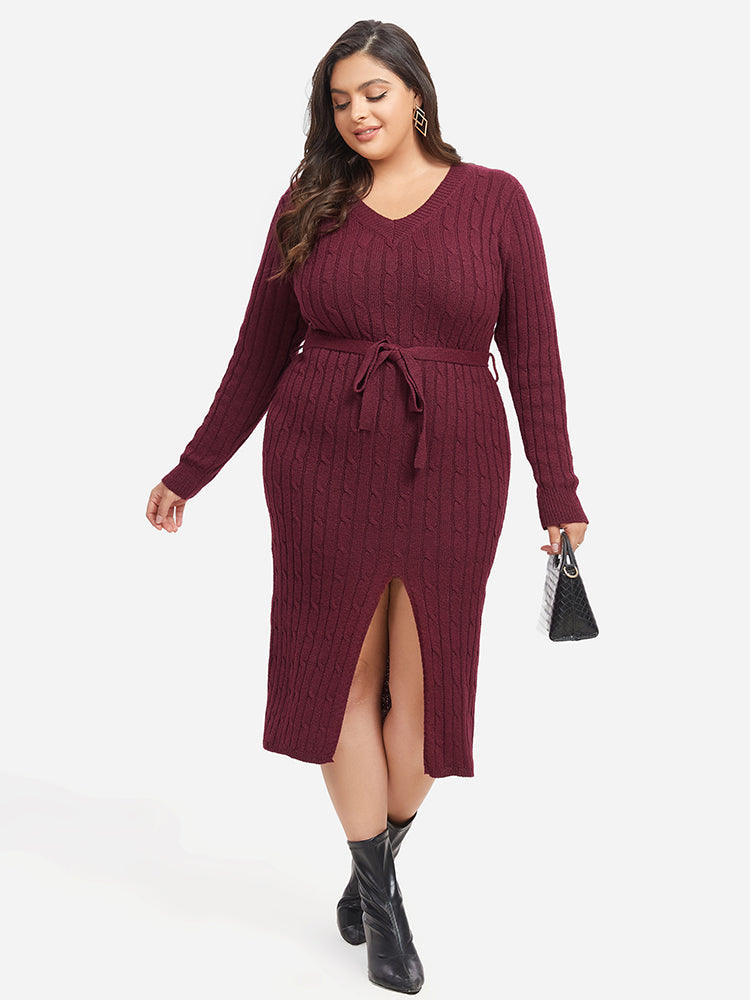 VIP Cable Knit Belted Split  Midi Sweater Dress