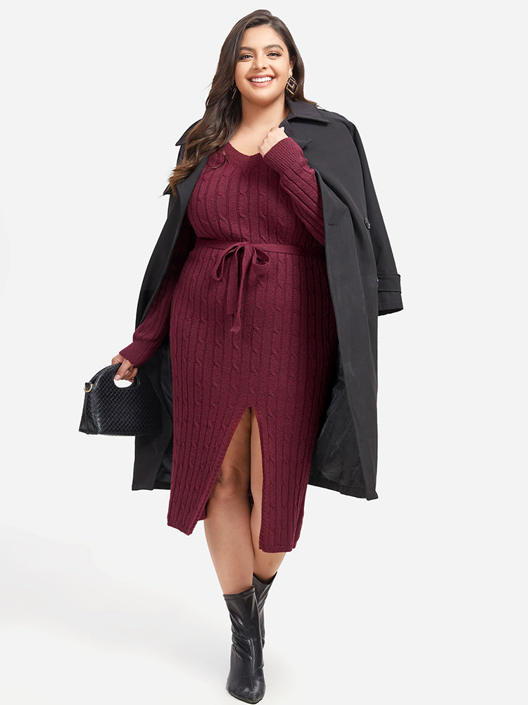VIP Cable Knit Belted Split  Midi Sweater Dress
