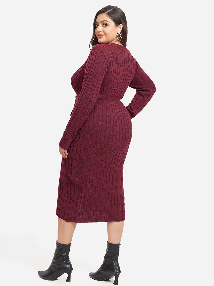 VIP Cable Knit Belted Split  Midi Sweater Dress