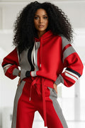 Plus Size Daily Red Striped Hooded Long Sleeve Ruched Casual Sweatshirts