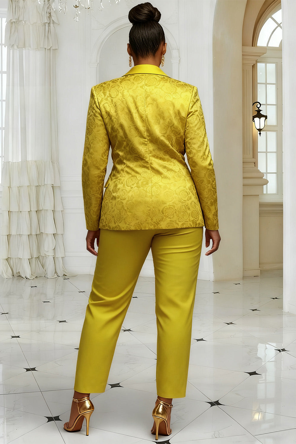 Xpluswear Design Plus Size Christmas Gold Lapel Collar Long Sleeve Jacquard Elegant Satin Two Piece Pant Suits