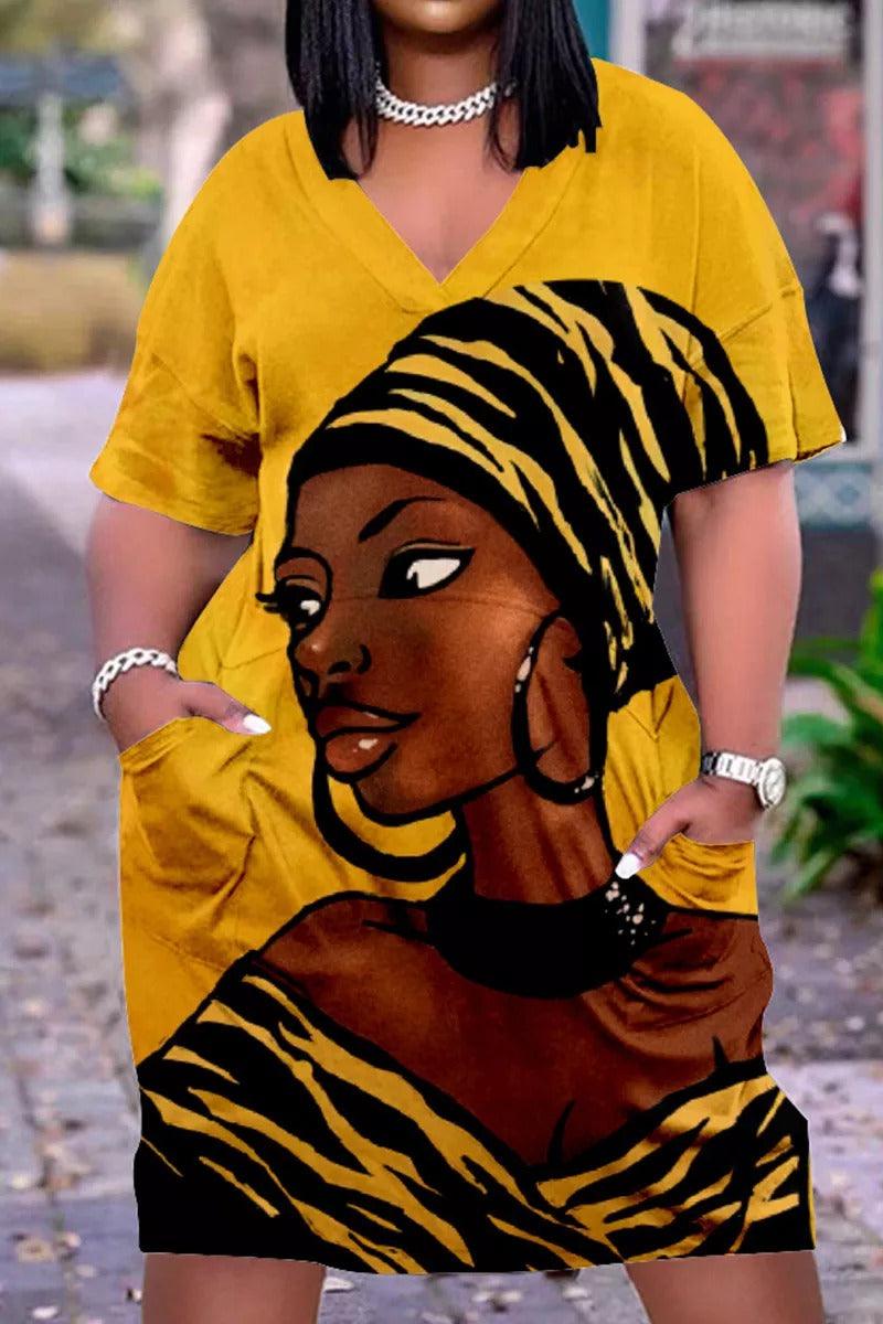 Xpluswear Plus Size V Neck African Short Sleeve Cute Black Girl Print With Pockets Midi Dress-Red