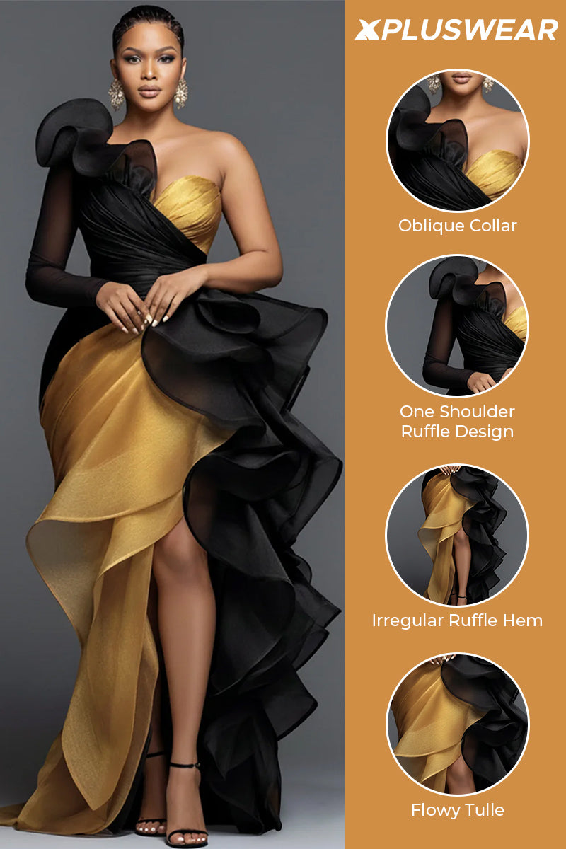 Xpluswear Design Plus Size Formal Red Oblique Collar One Shoulder Long Sleeve Ruffle Elegant Asymmetric Hem Irregular Hem Maxi Dresses