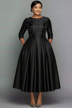 Xpluswear Design Plus Size Formal Black Round Neck Long Sleeve Pearls Elegant Pocket Satin Midi Dresses