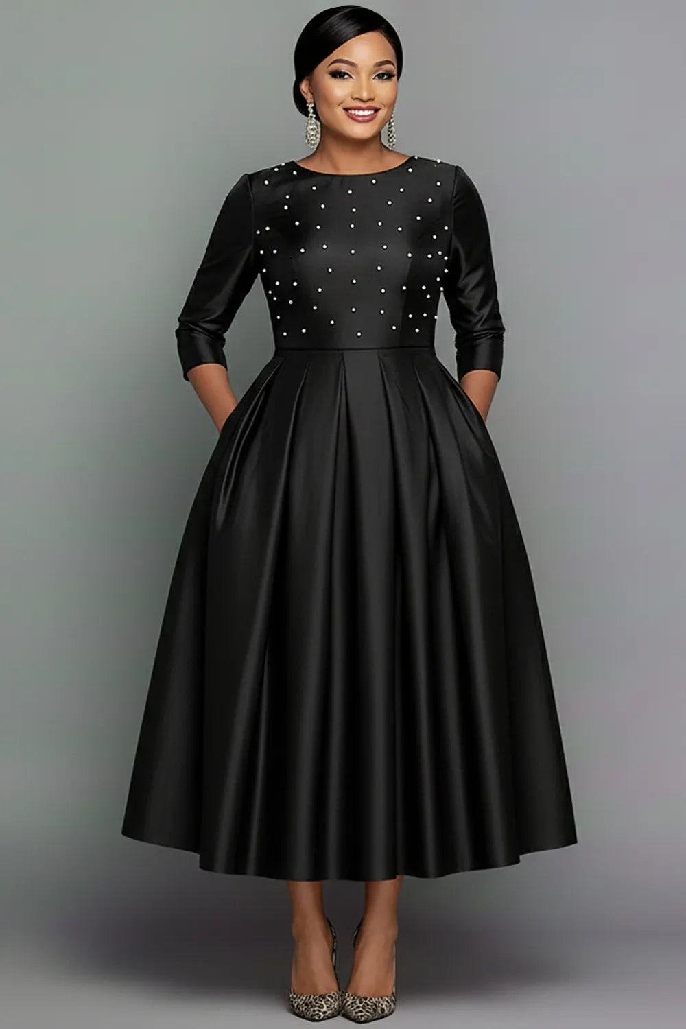 Xpluswear Design Plus Size Formal Black Round Neck Long Sleeve Pearls Elegant Pocket Satin Midi Dresses