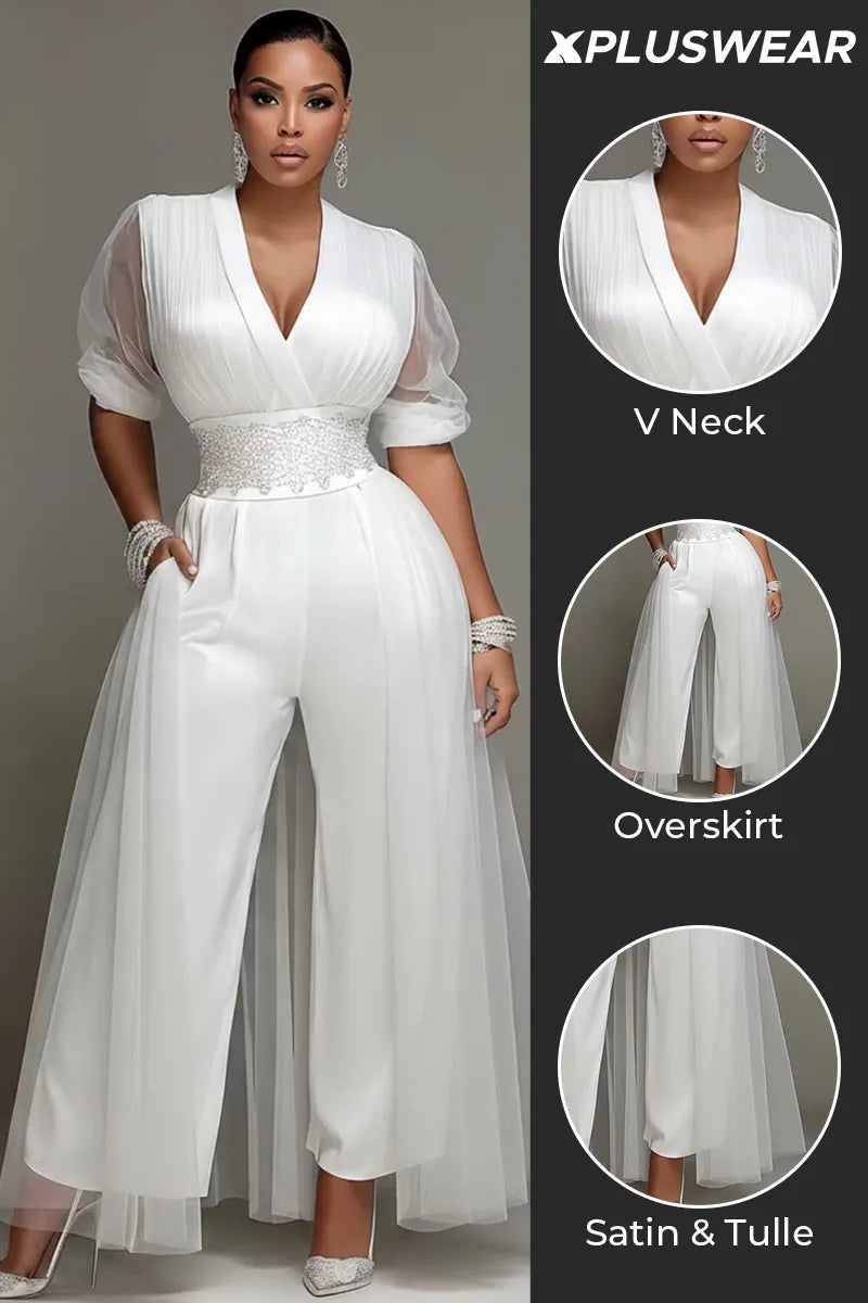 Xpluswear Design Plus Size Cocktail Party Elegant Tulle White V Neck Short Sleeve With Skirt Overlay Pocket Satin Jumpsuits