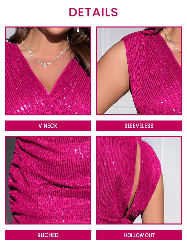 VIP Plus Sequin V Neck Ruched Party Dress