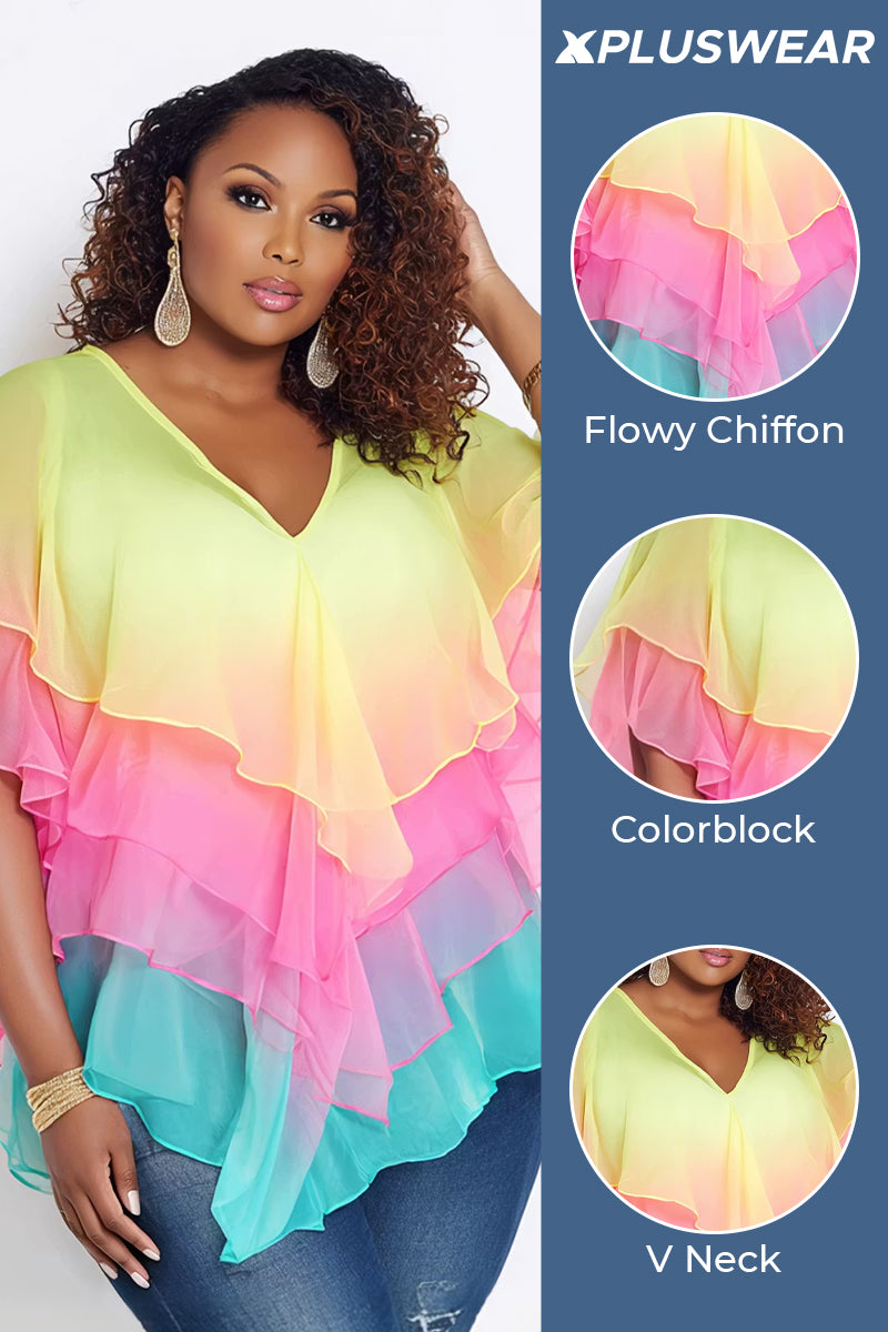 Xpluswear Design Plus Size Vacation Rainbow Colorblock V Neck Short Sleeve Ruffle Tiered Chiffon Blouses