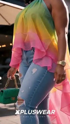 Xpluswear Design Plus Size Vacation Rainbow Gradient Halter Collar Asymmetric Hem Irregular Hem Ruffle Chiffon Blouses