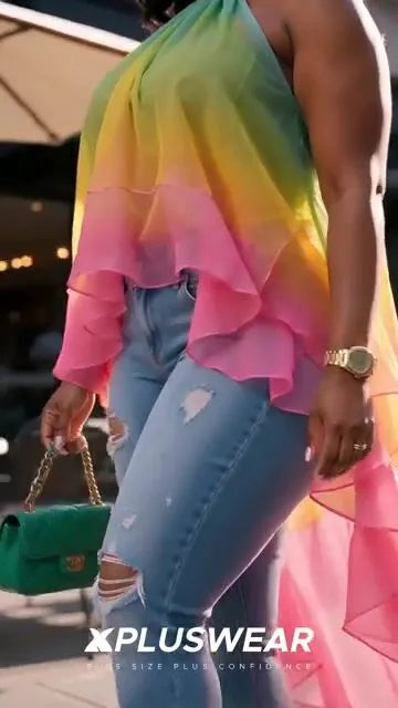 Xpluswear Design Plus Size Vacation Rainbow Gradient Halter Collar Asymmetric Hem Irregular Hem Ruffle Chiffon Blouses