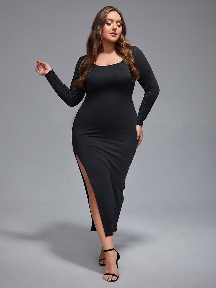 VIP Plus Side Split Round Neck Bodycon Maxi Dress