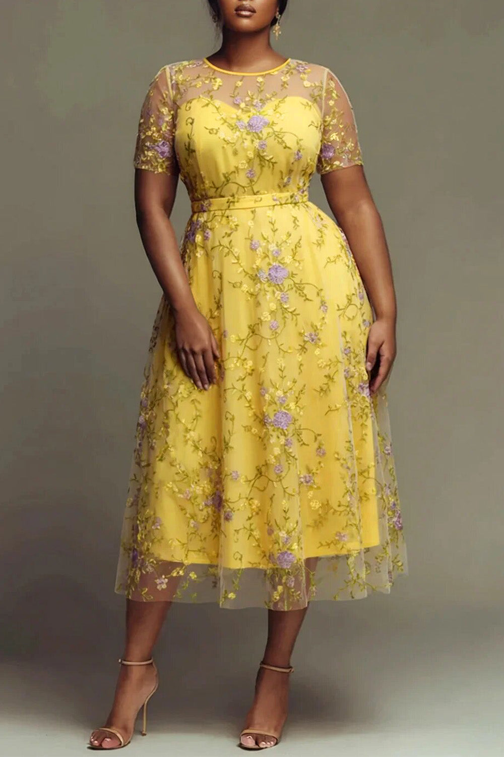 Xpluswear Design Plus Size Cocktail Party Yellow Floral Round Neck Short Sleeve Embroidery See Through Midi Dresses