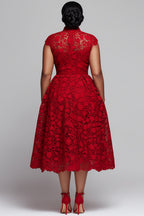 Xpluswear Design Plus Size Red Round Neck Pocket Elegant Cut Out Lace Midi Dresses