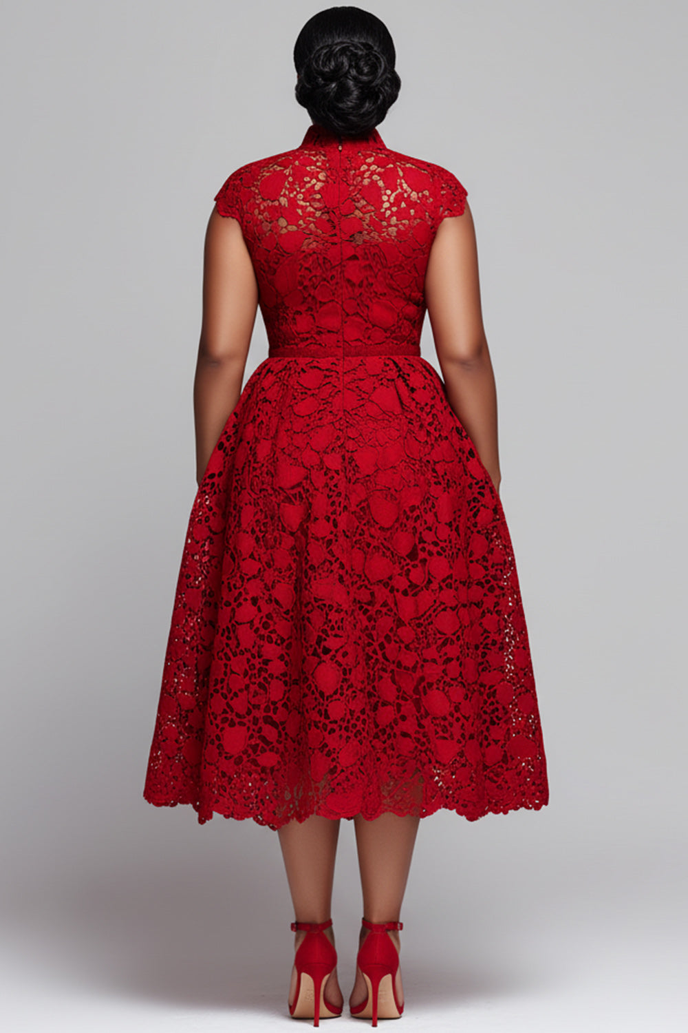 Xpluswear Design Plus Size Red Round Neck Pocket Elegant Cut Out Lace Midi Dresses