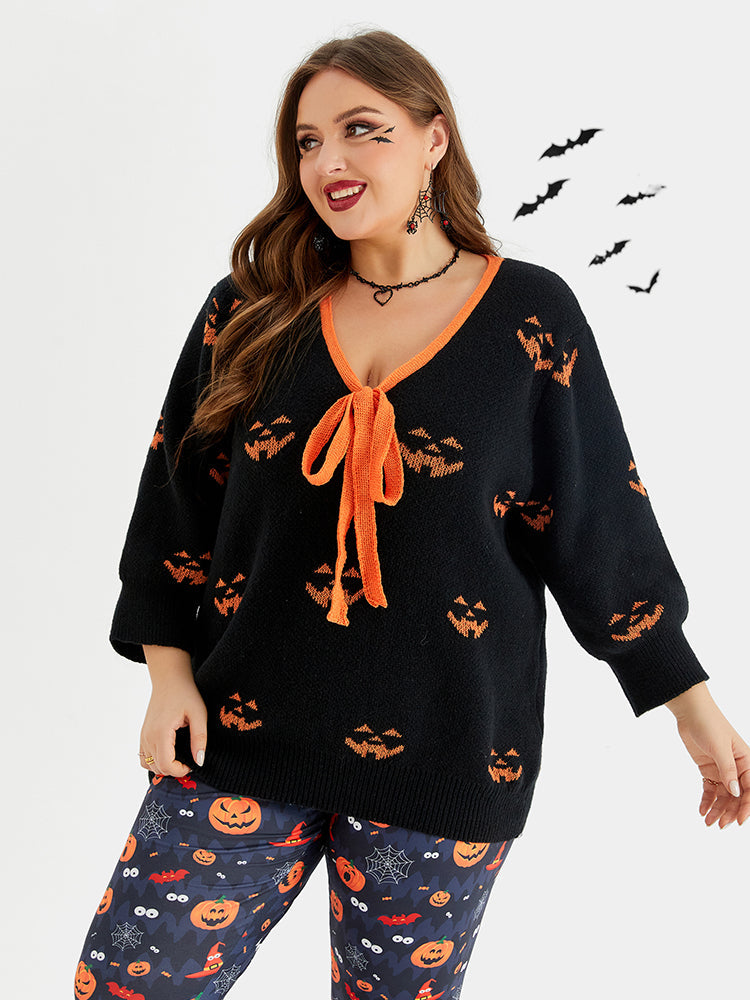 VIP Halloween Pattern Tie Front Sweater